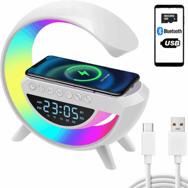 Bezdrátová nabíjecí stanice s RGB podsvícením, digitálním displejem a hodinami, která umožňuje nabíjení smartphonu a nabízí připojení přes Bluetooth, USB a microSD kartu.
