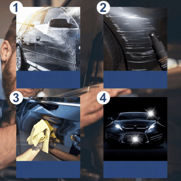Čtyři fáze renovace a péče o automobil: mytí, leštění, čištění a konečná úprava vozu do lesklého stavu.