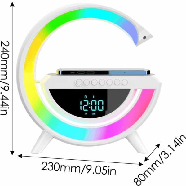Multifunkční digitální hodiny ve tvaru oblouku s barevným RGB podsvícením, LED displejem a možností bezdrátového nabíjení a připojení USB a TF karty.