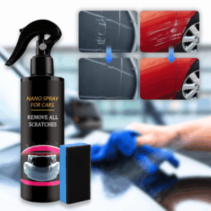 Černý sprej Nano Spray For Cars s příslušenstvím, určený k odstraňování škrábanců z karoserie automobilu, s ukázkou před a po aplikaci na červeném a šedém povrchu vozu.