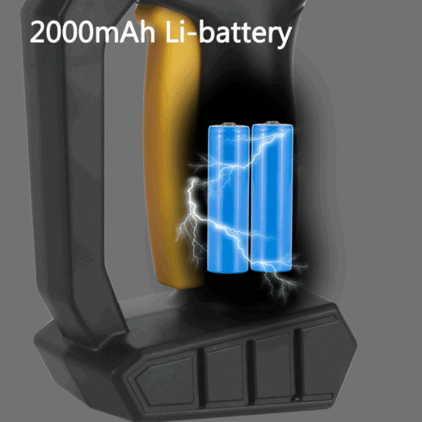 Modro-žlutá grafika zobrazující dva modré lithium-iontové akumulátory 2000mAh na černém dobíjecím stojanu s elektrickými blesky znázorňujícími energii baterie.