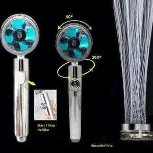 Technický nákres víceúčelové sprchové hlavice s modře podsvíceným ventilátorem, zobrazující různé úhly otočení a směry proudění vody.