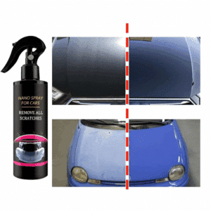 Nano sprej na odstranění škrábanců z karoserie automobilu, zobrazující Before a After efekt na modré autě, s černým sprejem v levé části obrázku.