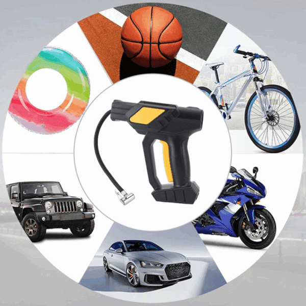 Tlaková myčka obklopená různými předměty jako basketbalový míč, jízdní kolo, motocykl, automobily a nafukovací kruh, symbolizující univerzální použití.