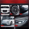 Koláž šesti detailních záběrů moderních automobilů v černobílém provedení, zobrazující přední část vozu, kolo, čelní sklo, boční pohled, světlomet a celkový pohled na bílý elektromobil.