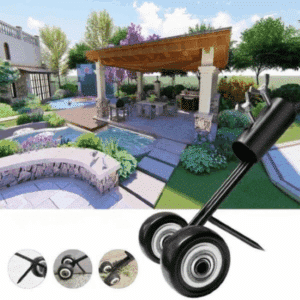 Návrh designové zahrady s bazénem, zastřešenou terasou a relaxační zónou, doplněný o ilustraci kolečkového mechanismu pro realizaci projektu.