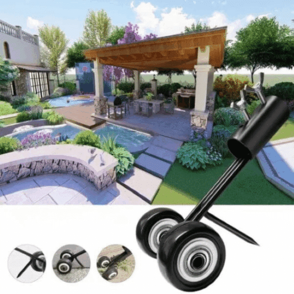 Návrh designové zahrady s bazénem, zastřešenou terasou a relaxační zónou, doplněný o ilustraci kolečkového mechanismu pro realizaci projektu.