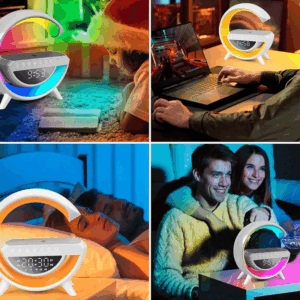 Čtyři scény ukazující multifunkční barevnou LED lampu s hodinami v různých situacích - při čtení, práci na počítači, spaní a sledování filmu.