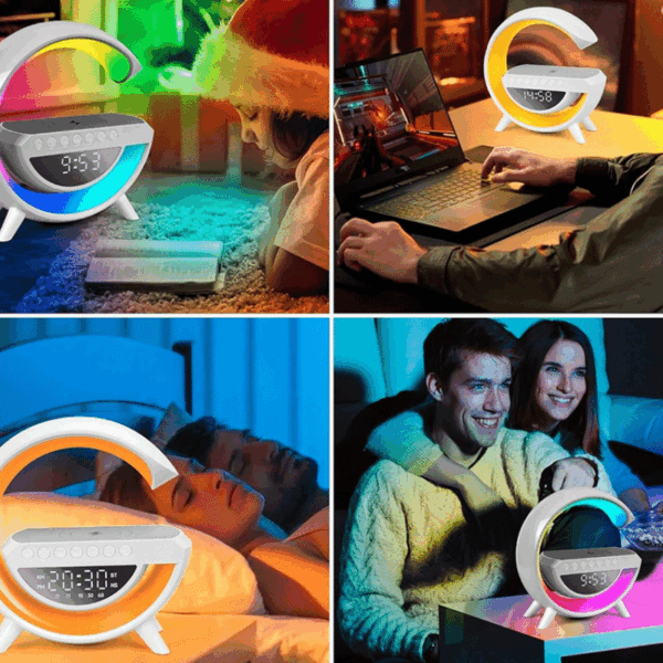 Čtyři scény ukazující multifunkční barevnou LED lampu s hodinami v různých situacích - při čtení, práci na počítači, spaní a sledování filmu.