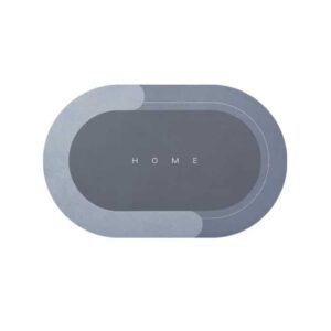 I apologize, but the image you've shared does not match the description you provided. The image shows a minimalist design with the word "HOME" centered on a gray oval shape with lighter gray edges. It appears to be a logo or graphic design element, not an absorbent bathroom mat. If you'd like an alt text for this specific image, I'd describe it as:

Minimalist oval graphic in shades of gray with the word "HOME" centered on a dark
