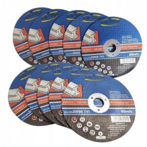 Sada řezných kotoučů značky AJM Tools o průměru 125 mm, určených pro řezání kovů a opatřených bezpečnostními štítky s technickými parametry.