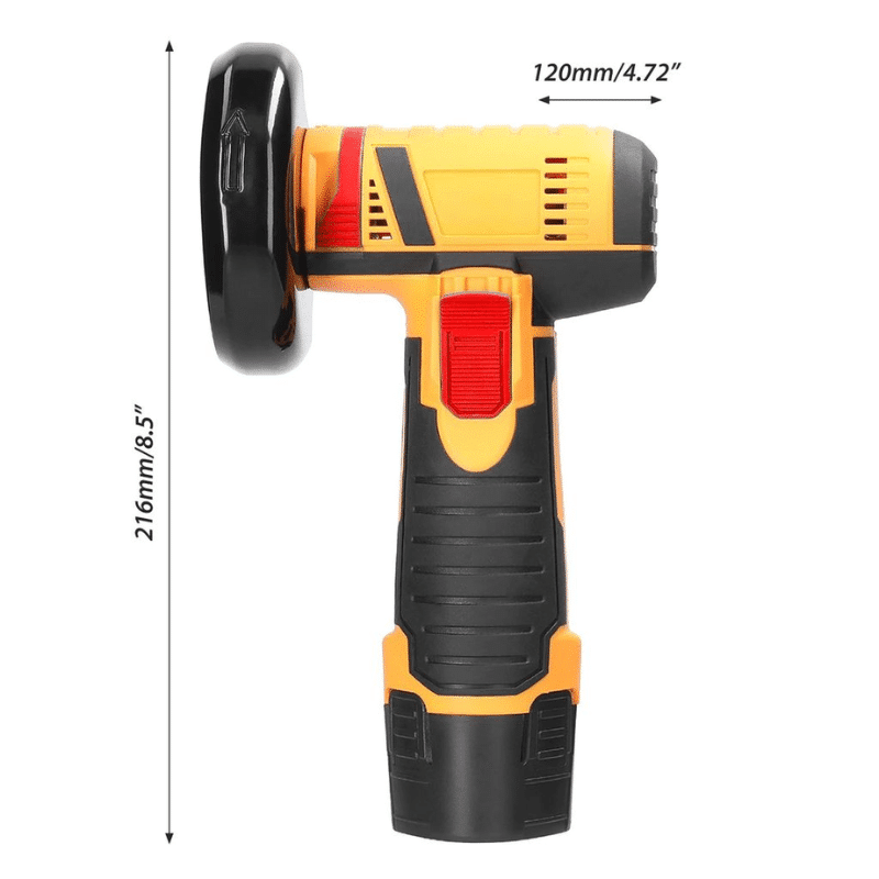 Ruční bezdrátová aku úhlová bruska v černo-žlutém designu s červeným tlačítkem, zobrazená z boku s vyznačenými rozměry 120 mm a 216 mm.