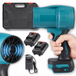 Akumulátorový rázový utahovák v tyrkysovo-černém provedení s příslušenstvím, včetně dvou baterií, nabíječky a přepravního kufříku.
