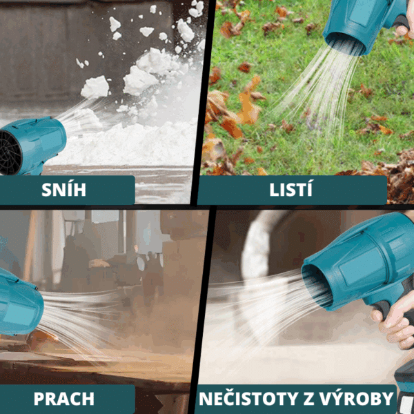 Čtyři scény ukazující použití modrého fukaru nebo dmychadla na sníh, listí, prach a průmyslové nečistoty, demonstrující všestrannost tohoto nástroje.