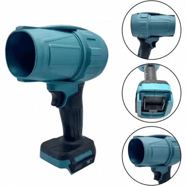 Modrý aku LED reflektor z pohľadu spredu a troch rôznych uhlov, profesionálny pracovný svetlomet s ergonomickou rukoväťou.