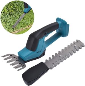 Akumulátorové zahradní nůžky 2v1 v modro-černém designu s vyměnitelnými nástavci pro stříhání trávy a křovin, určené pro přesnou úpravu zeleně na zahradě.