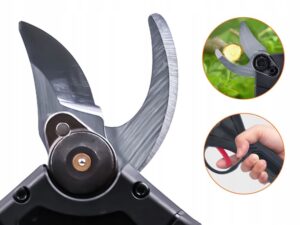 Profesionální zahradnické nůžky s ergonomickým designem, zobrazené z několika úhlů včetně detailu řezání a úchopu, určené pro přesné a snadné stříhání větví a rostlin.