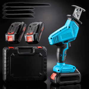 Modrá bezdrátová aku přímočará pila s černým pouzdrem a dvěma náhradními bateriemi, určená pro řemeslníky a domácí kutily.