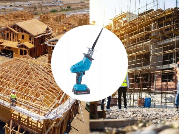 Tři fáze výstavby rodinných domů - dřevěné konstrukční rámy, pracovníci v reflexních vestách a detail aku pily v kruhovém výřezu.