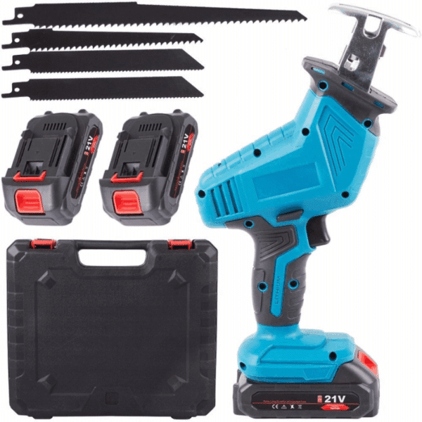 Modrá akumulátorová mečová pila s příslušenstvím, včetně dvou baterií, černého kufříku a několika pilových listů, určená pro řemeslníky a DIY nadšence.