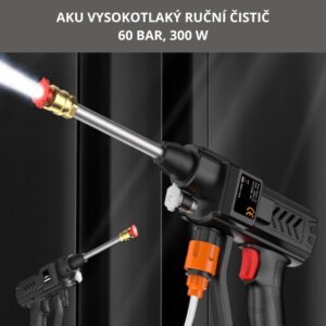 Akumulátorový vysokotlaký ručný čistič s výkonom 60 bar a 300 W, vhodný na rôzne čistiace práce v domácnosti a záhrade, vrátane pripojiteľnej hadice a červeného spúšťača.