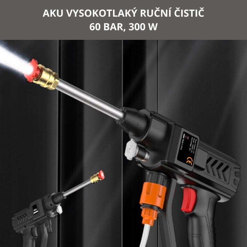 Akumulátorový vysokotlaký ručný čistič s výkonom 60 bar a 300 W, vhodný na rôzne čistiace práce v domácnosti a záhrade, vrátane pripojiteľnej hadice a červeného spúšťača.
