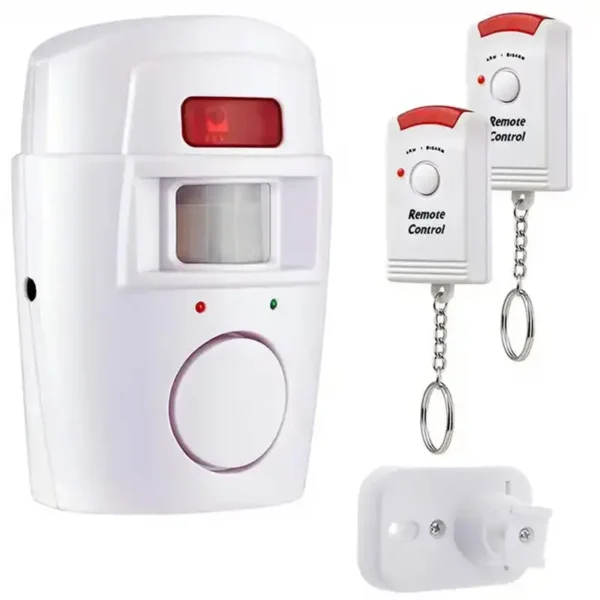 Bezdrátový domácí alarm s detektorem pohybu a dvěma dálkovými ovladači, určený pro jednoduchou instalaci a zabezpečení menších prostor.