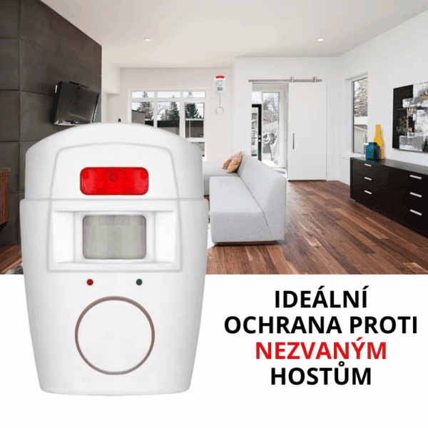 Bílý domácí bezdrátový alarm s červeným světlem umístěný v moderním interiéru obytné místnosti, určený pro ochranu proti nechtěným hostům.