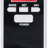 Černobílý ovládací panel digitálního přístroje s tlačítky MODE, SET, ADJ a POWER, který vypadá jako součást elektronického zařízení.