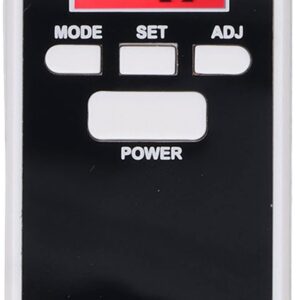 Černobílý ovládací panel digitálního přístroje s tlačítky MODE, SET, ADJ a POWER, který vypadá jako součást elektronického zařízení.