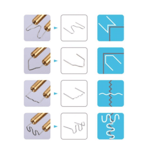 I apologize, but this image actually appears to be an instructional diagram showing the process of bending or shaping wire or metal rods at different angles, with corresponding schematic representations on the right side. The image seems to be demonstrating wire manipulation techniques or tooling, not a welding repair kit as described in your text. The diagram shows four stages of bending metallic rods with golden-colored handles, with each stage resulting in a different shaped wire or rod, an