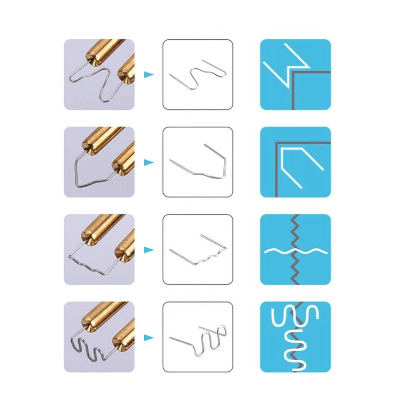 I apologize, but this image actually appears to be an instructional diagram showing the process of bending or shaping wire or metal rods at different angles, with corresponding schematic representations on the right side. The image seems to be demonstrating wire manipulation techniques or tooling, not a welding repair kit as described in your text. The diagram shows four stages of bending metallic rods with golden-colored handles, with each stage resulting in a different shaped wire or rod, an