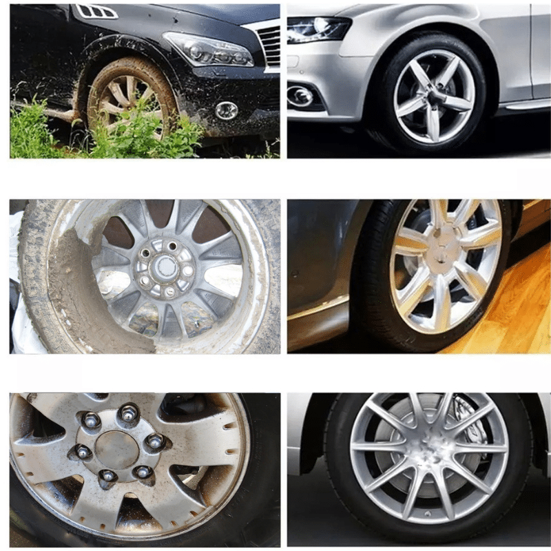 Šest různých pohledů na automobilové disky kol v různých stavech - od špinavého a zarostlého po čistý a lesklý, zachycující kontrast mezi provozem v terénu a upraveným vozem.