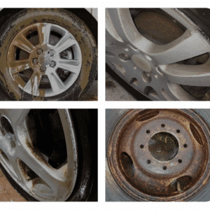 Čtyři fotografie automobilových kol v různém stavu - od relativně čistého bílého ráfku po silně zrezivělý a špinavý hnědý disk.