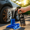 Láhev čističe brzd Raynog s rozprašovačem a modrou utěrkou vedle kola stříbrného automobilu, ilustrující proces čištění a údržby vozidla.