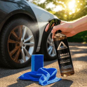 Láhev čističe brzd Raynog s rozprašovačem a modrou utěrkou vedle kola stříbrného automobilu, ilustrující proces čištění a údržby vozidla.