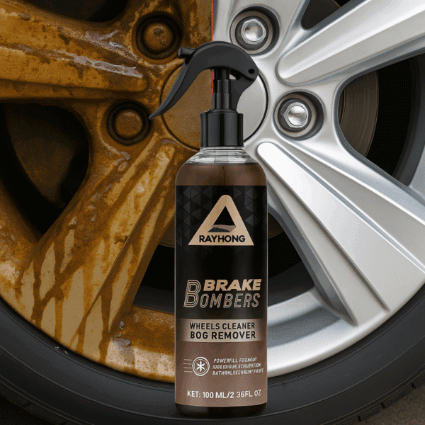 Reklamní fotografie produktu Rayhong Brake Bombers, čisticího spreje na kola automobilu, umístěného mezi znečištěným a čistým automobilovým diskem kola.