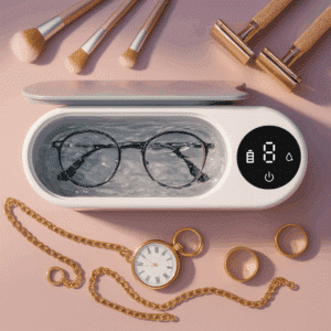 Bílý ultrazvukový čistič s brýlemi uvnitř, obklopen make-up štětci, kapesními hodinkami na zlatém řetízku a několika prstýnky na jemném béžovém pozadí.