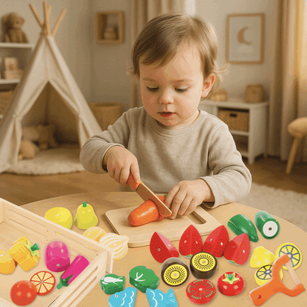Malé dítě si hraje s dřevěnou hračkou na krájení ovoce a zeleniny, které jsou barevné a realistické. Nachází se v útulném pokoji s týpí v pozadí.