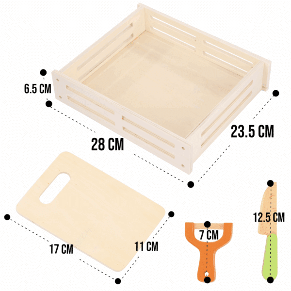 Dřevěná bedýnka s rozměry 28x23,5x6,5 cm, včetně plastové škrabky v oranžové barvě a krájecího prkénka s rozměry 17x11 cm, zobrazené na technickém výkresu s kótami.