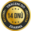 Zlatý odznak s textem "Vrácení do 14 dnů zdarma" s černým pozadím, ozdobený vavřínovými ratolestmi a hvězdami, indikující bezplatnou zkušební dobu nebo záruku vrácení zboží.
