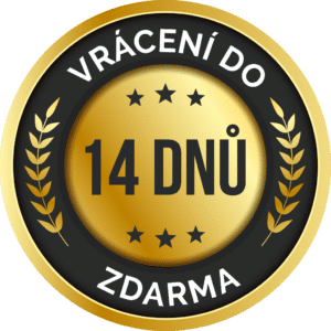 Zlatý odznak s textem "Vrácení do 14 dnů zdarma" s černým pozadím, ozdobený vavřínovými ratolestmi a hvězdami, indikující bezplatnou zkušební dobu nebo záruku vrácení zboží.