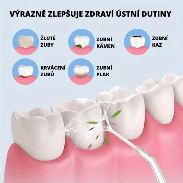 Ilustrace znázorňující čištění zubů a řešení běžných problémů ústní dutiny včetně žlutých zubů, zubního kamene, zubního kazu, krvácení dásní a zubního plaku.