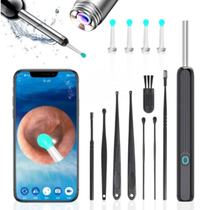 Sada pro čištění uší s wifi endoskopickou kamerou, která zobrazuje vnitřek zvukovodu na mobilním telefonu, včetně různých nástrojů a čisticích nástavců.