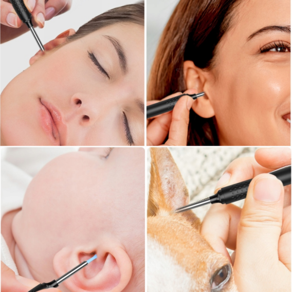 Čtyři obrázky znázorňující lékařský nebo kosmetický zákrok s tenkým nástrojem, prováděný na různých částech těla včetně obličeje, ucha a zvířecího ucha.