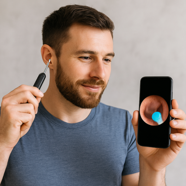 Muž v modrém tričku si čistí ucho špendlíkovým nástrojem a současně sleduje detail svého ucha na displeji chytrého telefonu.