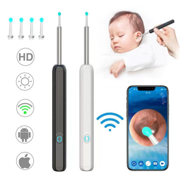 Bezdrátový čistič uší s HD kamerou v černé a bílé barvě, umožňující kontrolu zvukovodu přes mobilní aplikaci, včetně obrázku spícího dítěte a detailního pohledu do ucha na displeji telefonu.