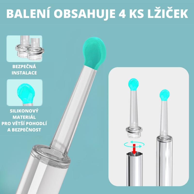 Propagační obrázek silikonových lžiček s bezpečnou instalací, zobrazující čtyři kusy v balení s detailem mechanismu upevnění a materiálu.