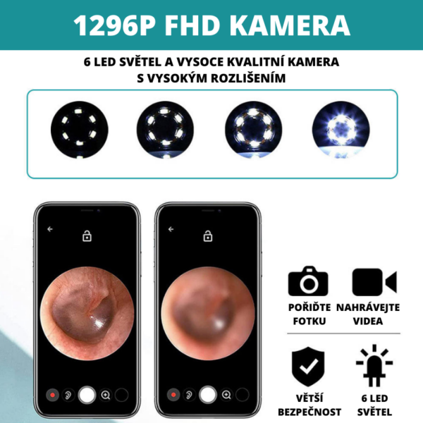 Reklamní obrázek mobilní kamery s rozlišením 1296P FHD, zobrazující detailní záběry s 6 LED světly a funkcemi fotografování a nahrávání videa pro lékařské nebo inspekční použití.