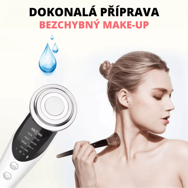 Kosmetické zařízení s kapkou vody a make-up štětcem, určené pro dokonalou přípravu pleti před líčením.
